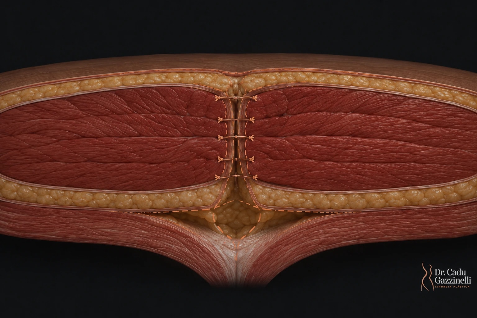 Ilustração anatômica em corte mostrando os músculos retos abdominais reaproximados na linha média por sutura de plicatura