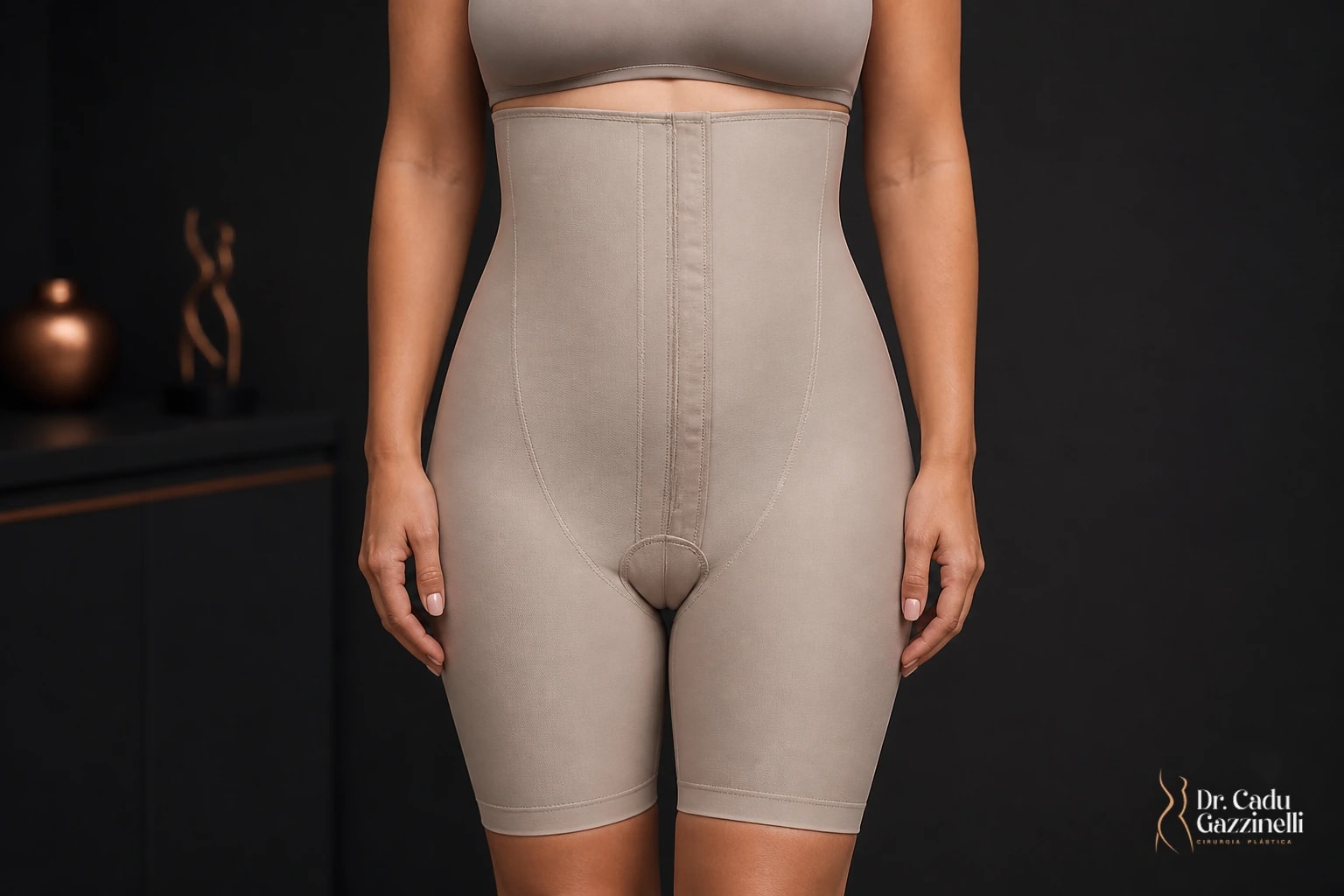 Paciente vestindo cinta compressiva cirúrgica abdominal no pós-operatório, em contexto clínico