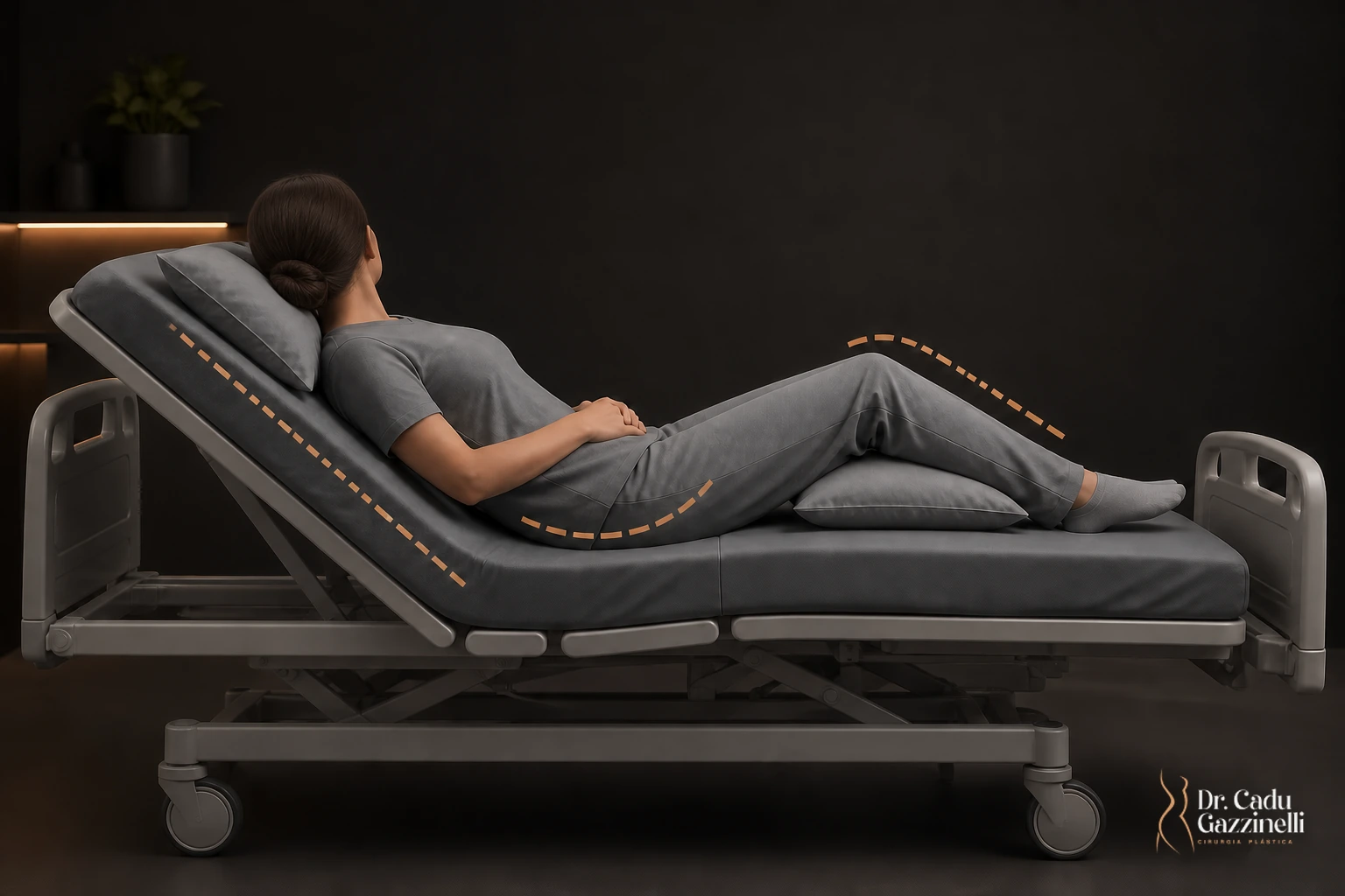 Ilustração da posição recomendada para dormir no pós-operatório abdominal: cabeceira elevada e joelhos flexionados sobre travesseiro