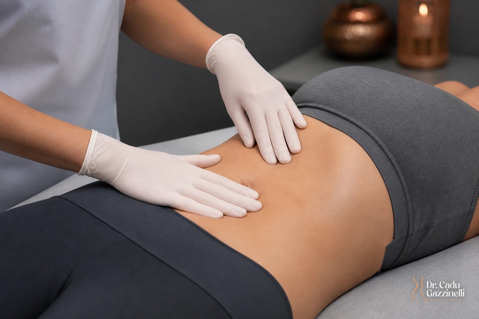 Profissional de saúde com luvas realizando manobra de drenagem linfática sobre o abdômen de paciente no pós-operatório