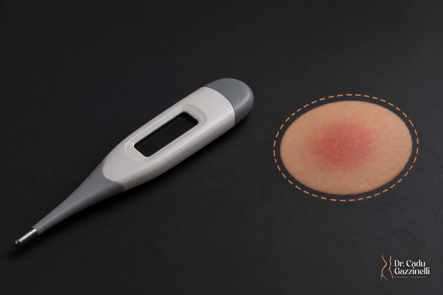 Termômetro clínico ao lado de ilustração esquemática de área de pele avermelhada, sinais que pedem avaliação médica