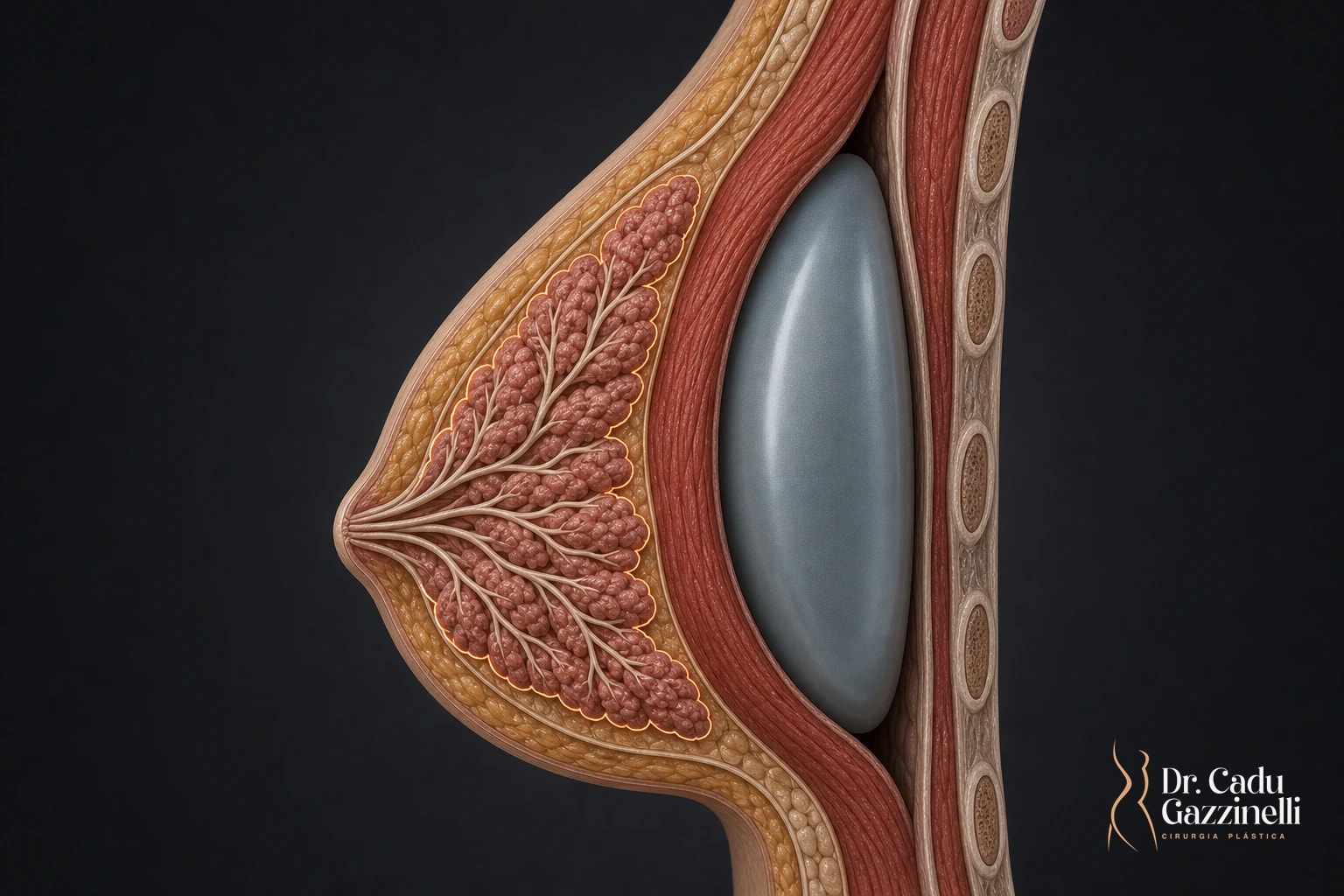 Ilustração anatômica em corte da mama mostrando os ductos lactíferos preservados e o implante posicionado atrás do músculo peitoral