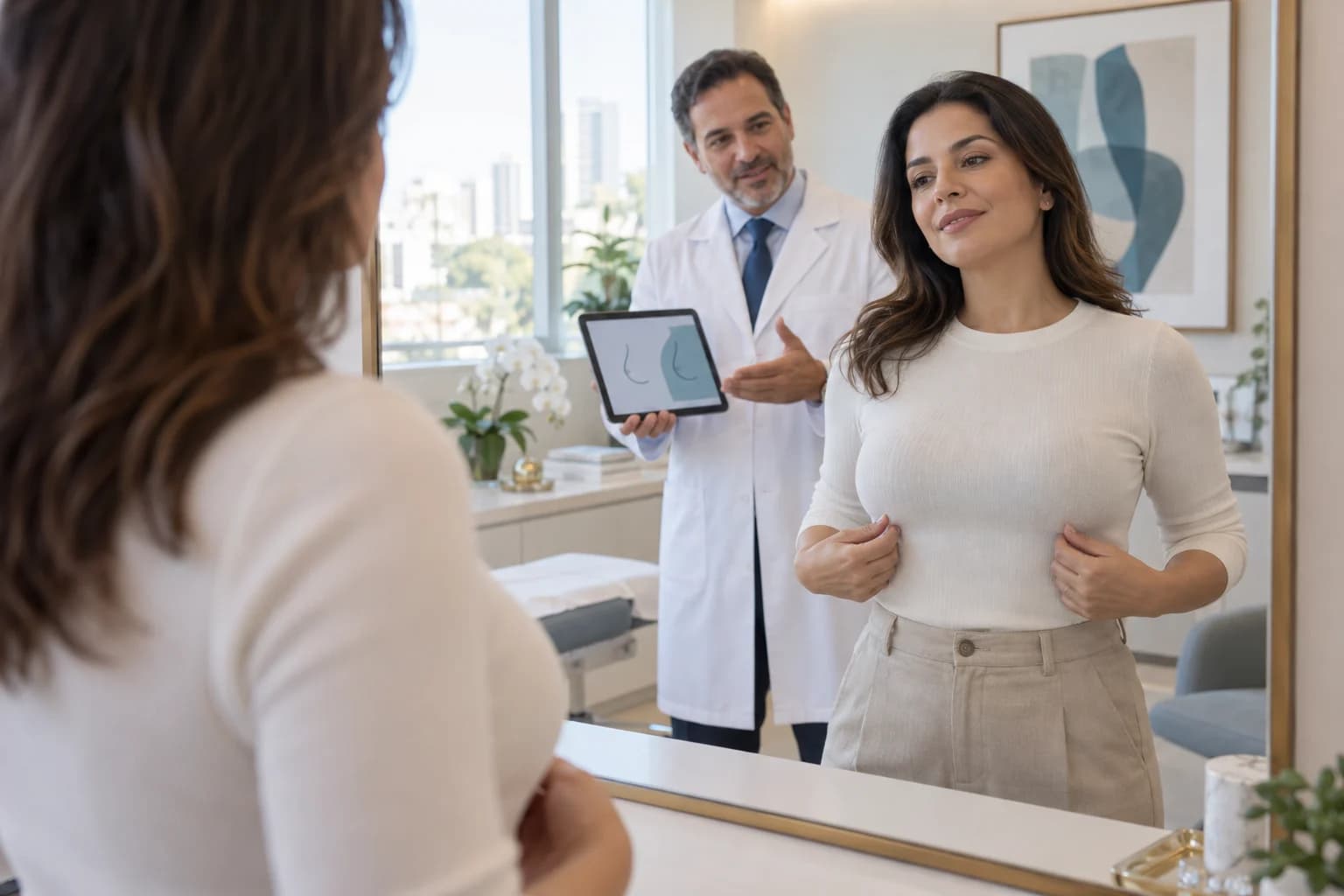 Mulher fictícia, totalmente vestida, observa o contorno das mamas no espelho durante consulta de acompanhamento. Ilustração gerada por IA, sem paciente real.
