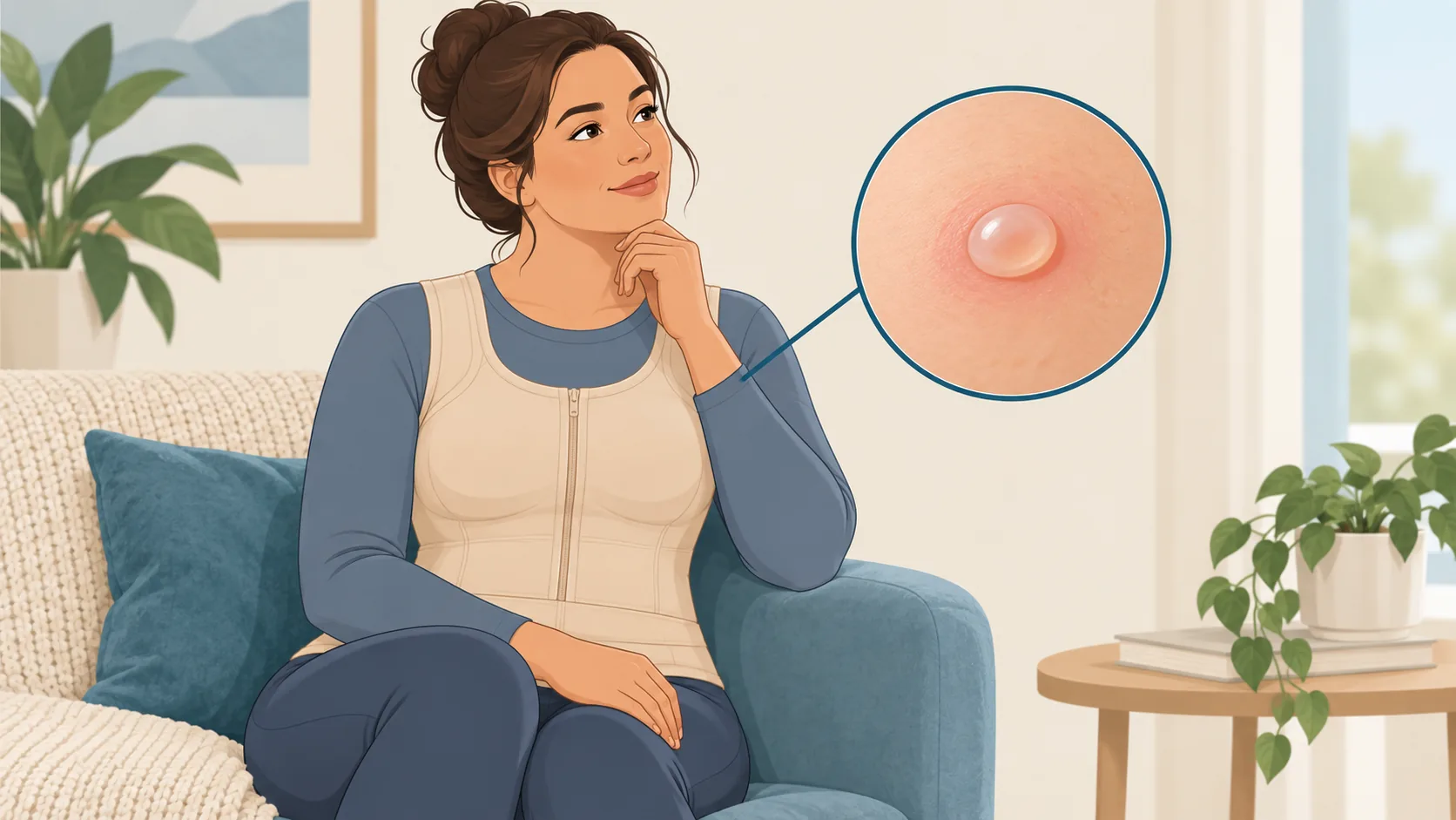 Ilustração educativa de uma cinta e de uma pequena bolha em pele fictícia na região de contato, destacada em detalhe. Imagem gerada por IA.