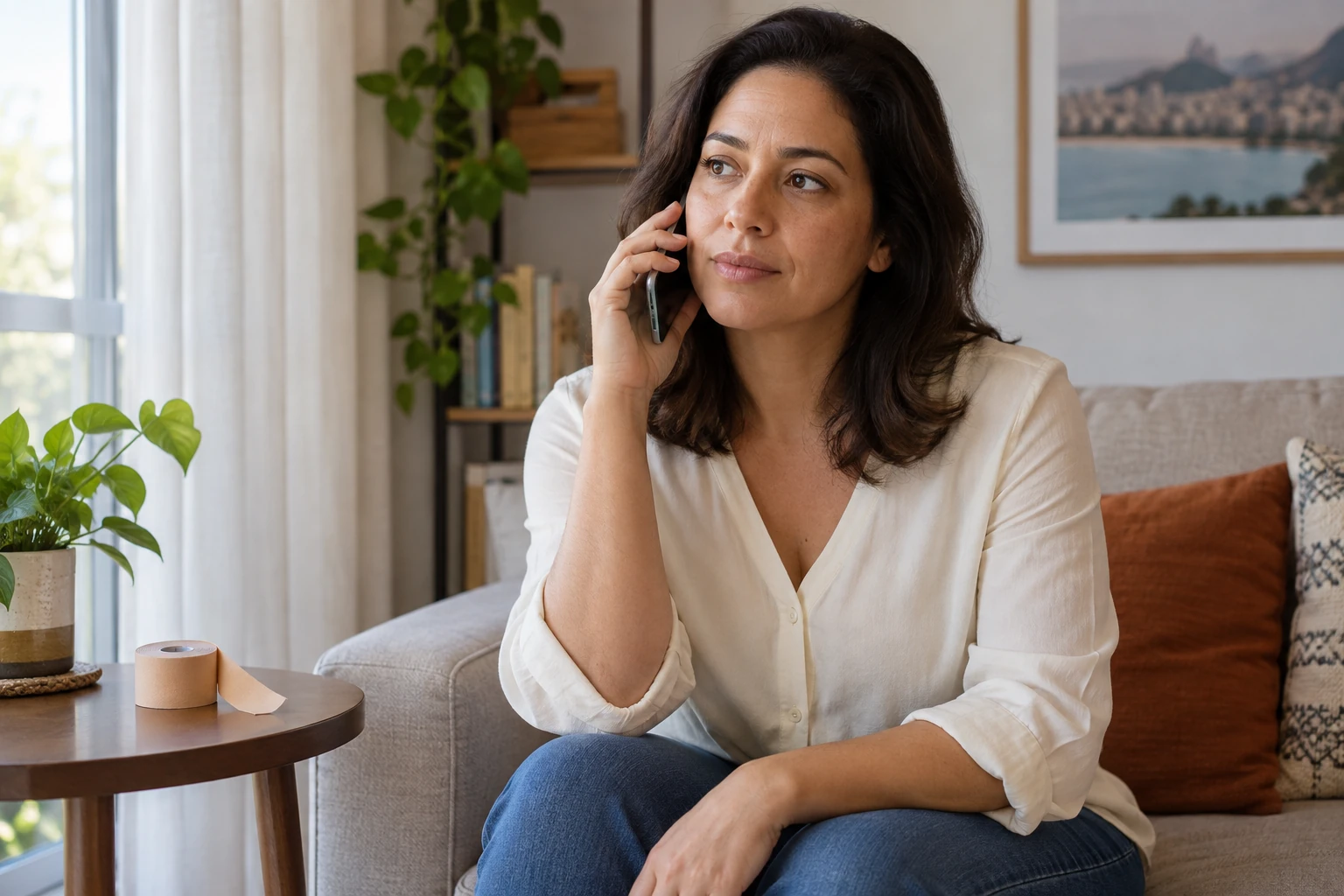 Mulher fictícia conversa por telefone com a equipe; um rolo de fita está sobre a mesa. Ilustração gerada por IA, sem paciente real. Uma reação ao curativo deve ser comunicada à equipe.