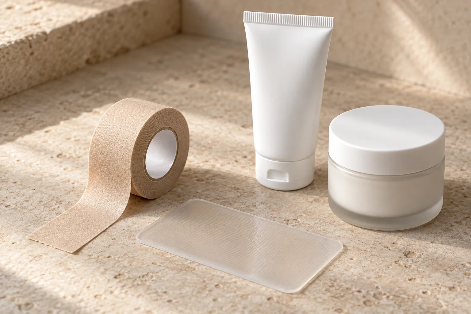 Fita adesiva, placa de silicone e embalagens genéricas de produtos para cuidado da pele, separados. Ilustração gerada por IA. Produtos e apresentações têm instruções diferentes; a imagem não indica combinação de uso.