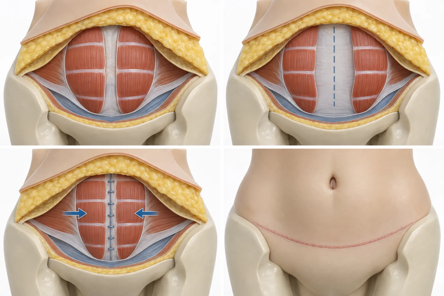 Corte didático das camadas abdominais mostrando a aproximação dos músculos retos, a posição do umbigo e a cicatriz baixa
