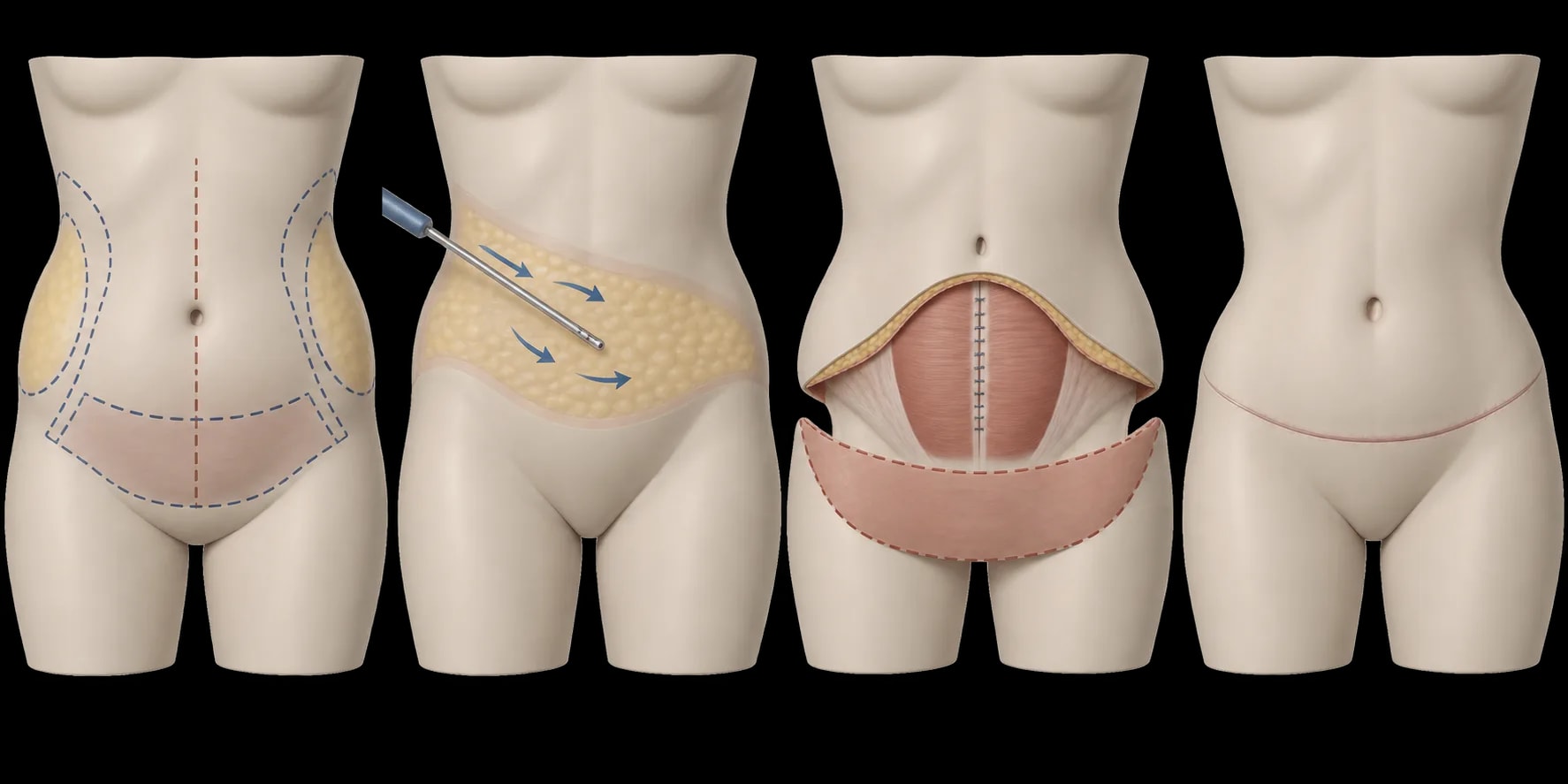 Prancha sintética em quatro quadros mostrando marcações, lipoaspiração, correção esquemática da diástase e configuração final da lipoabdominoplastia