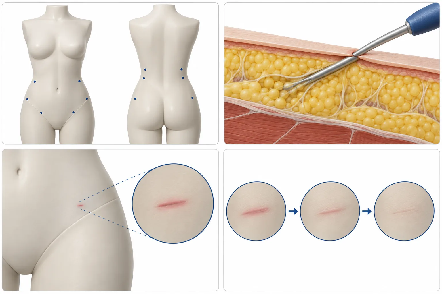 Prancha didática mostrando pontos de acesso da lipoaspiração e evolução esquemática das pequenas cicatrizes