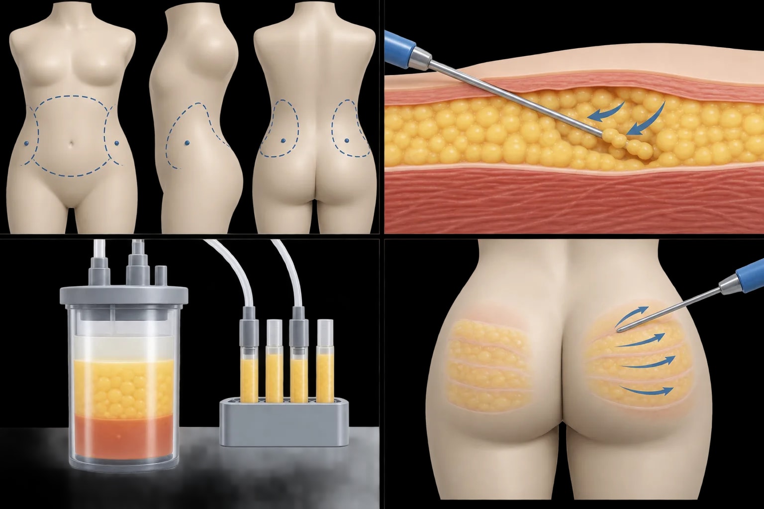 Prancha sintética mostrando áreas doadoras, aspiração, processamento e reinjeção em camadas na lipoescultura