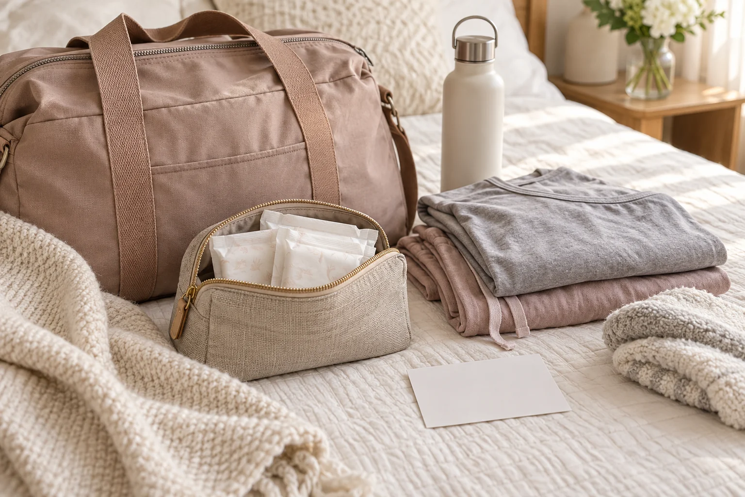 Bolsa para internação com roupas confortáveis e produtos de proteção menstrual. Ilustração gerada por IA sobre planejamento para a internação.