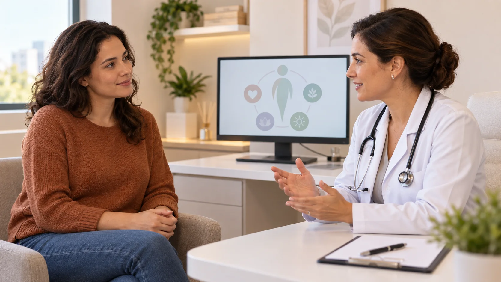 Paciente fictícia, totalmente vestida, conversa em ambiente reservado com uma médica sobre uma decisão de saúde íntima. Imagem gerada por IA.