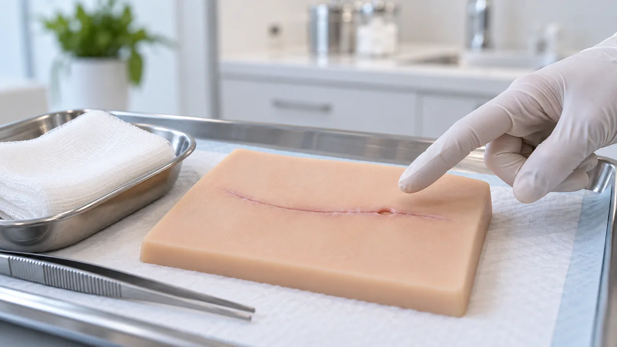 Modelo de treinamento com pequena abertura superficial em linha cicatricial, sem sangue. Imagem gerada por IA.