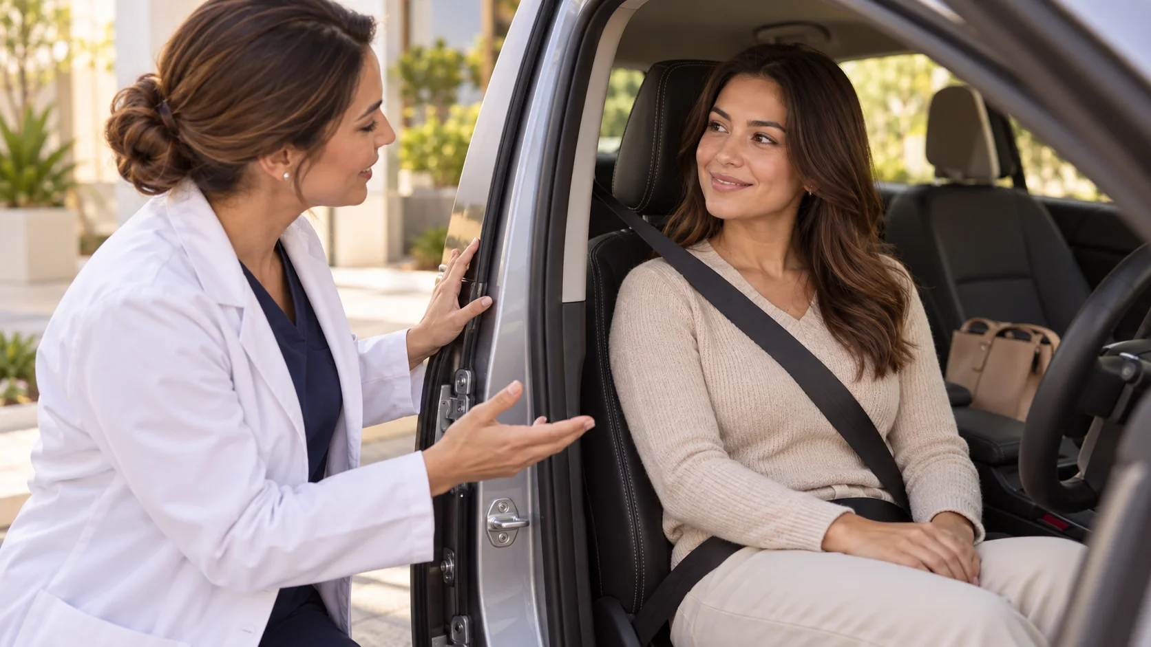 Paciente fictícia, com cinto de segurança, recebe orientação médica ao lado de um carro estacionado após lipoaspiração. Imagem gerada por IA.