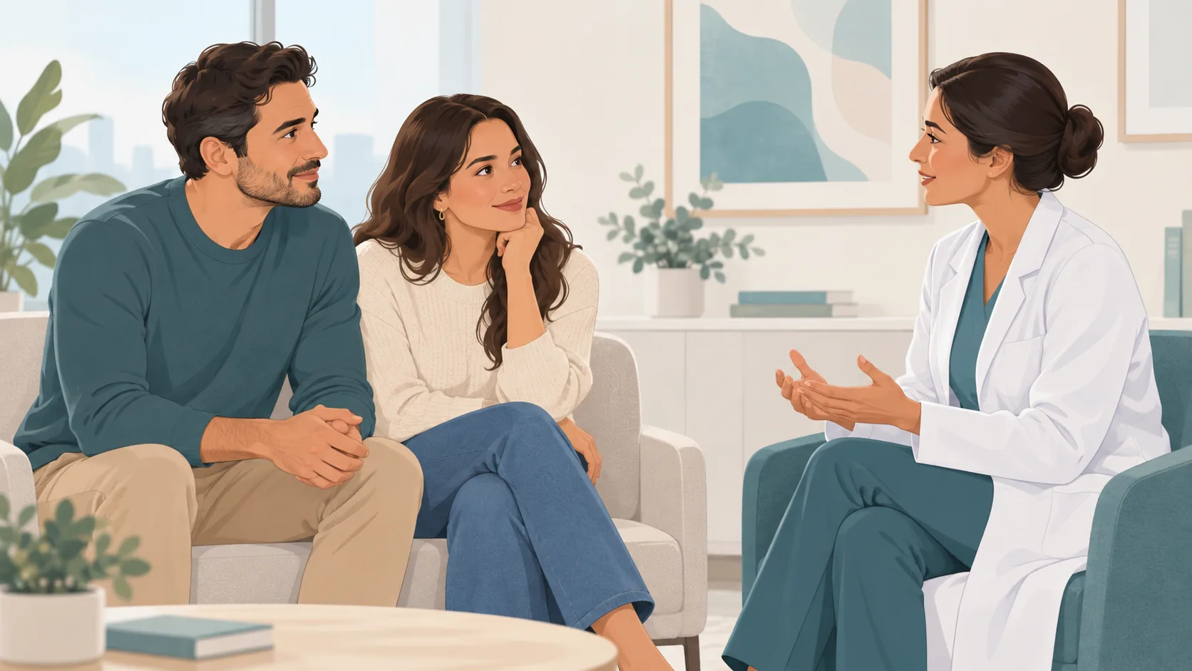 Casal fictício conversa com uma médica sobre a recuperação e a retomada da intimidade. Ilustração gerada por IA.