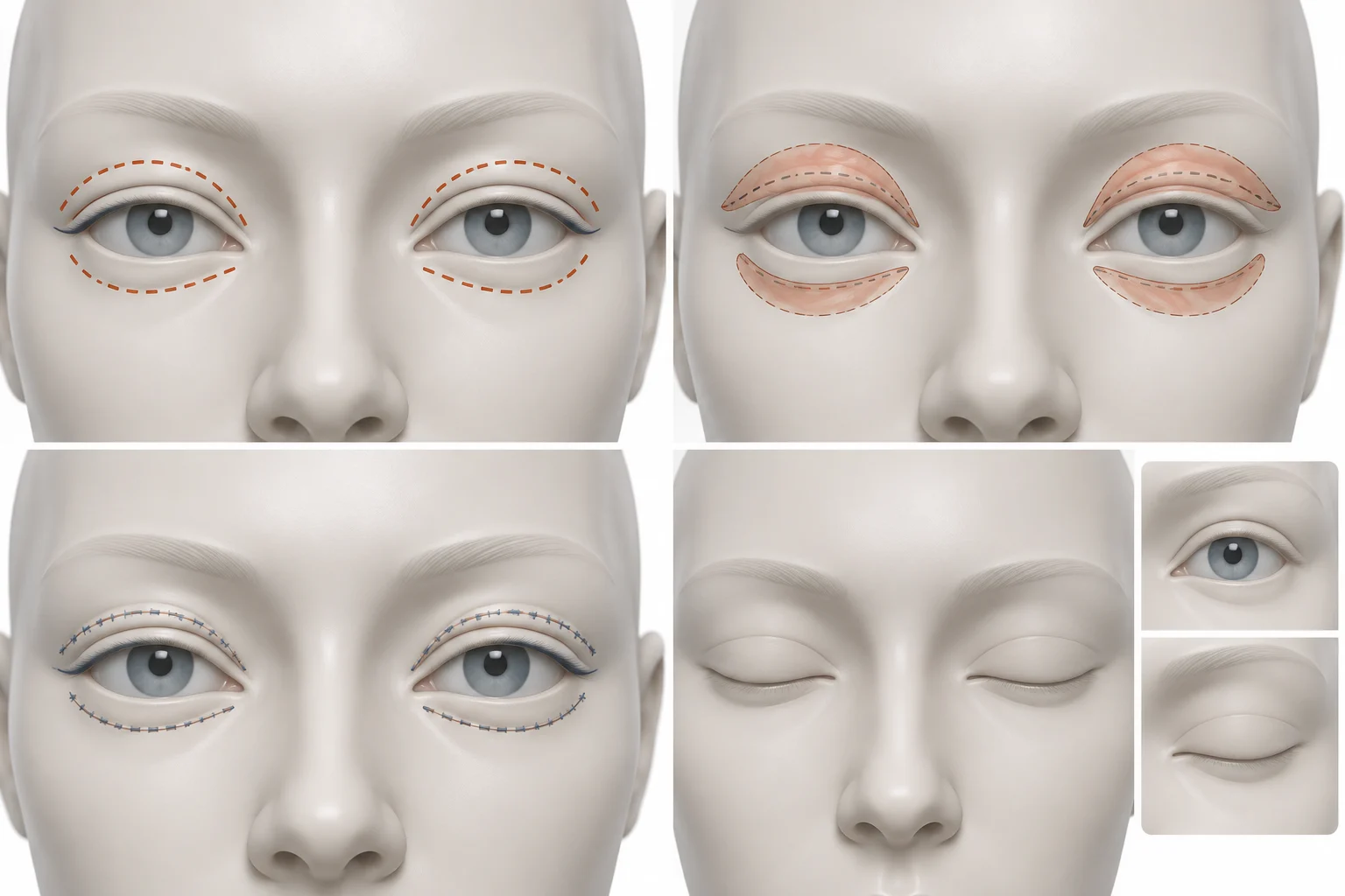 Prancha didática em modelo facial sintético mostrando marcação, planejamento e fechamento esquemático da blefaroplastia.
