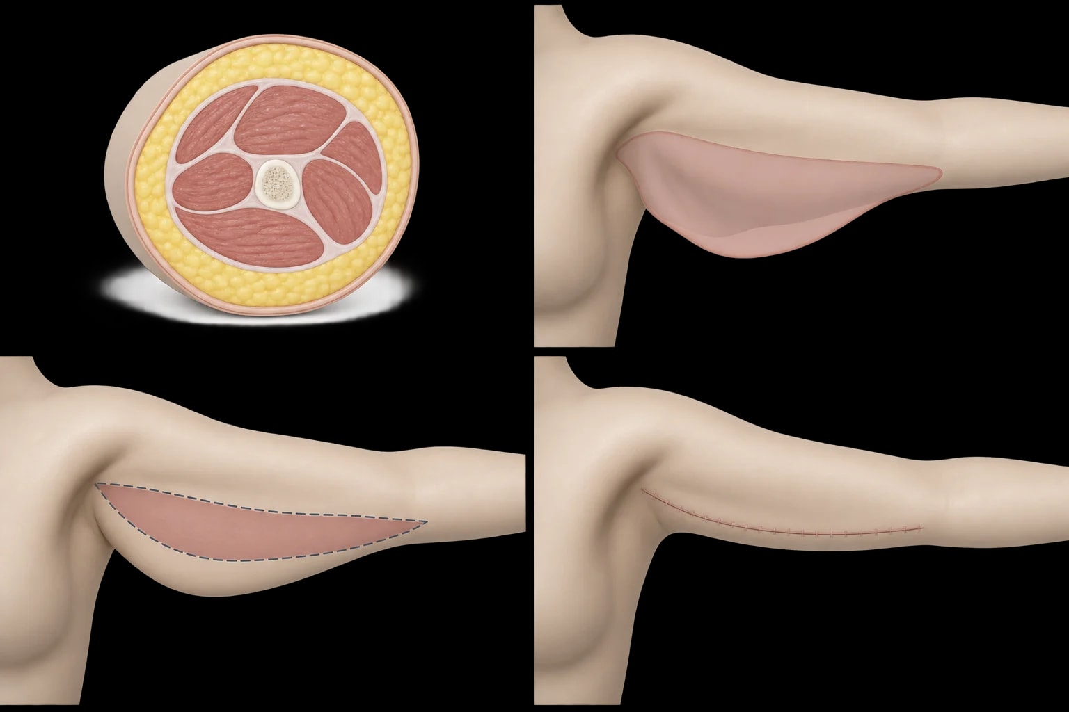 Esquema didático em modelo sintético destacando camadas e limites do planejamento da braquioplastia.