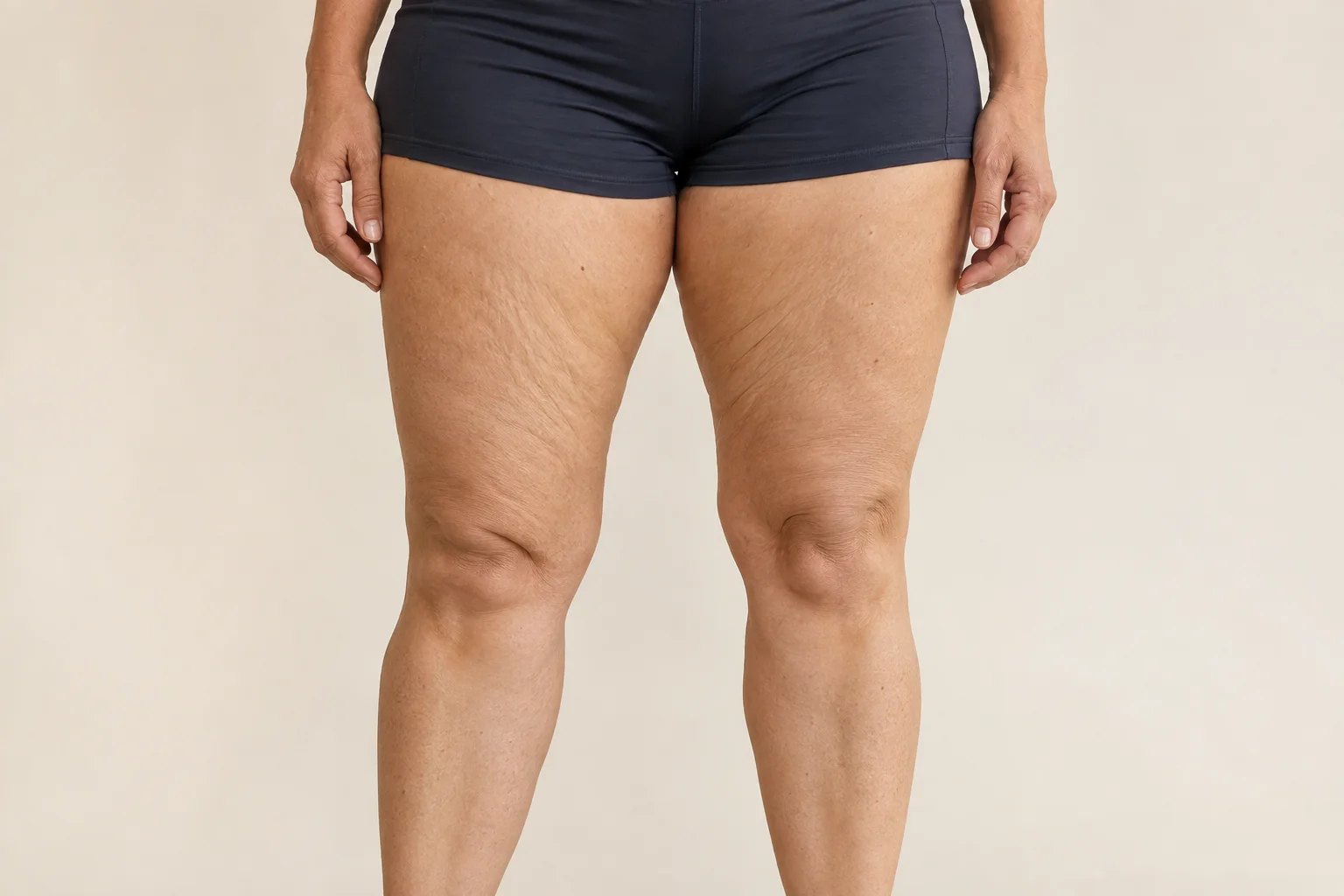 Coxas de mulher adulta fictícia usando shorts