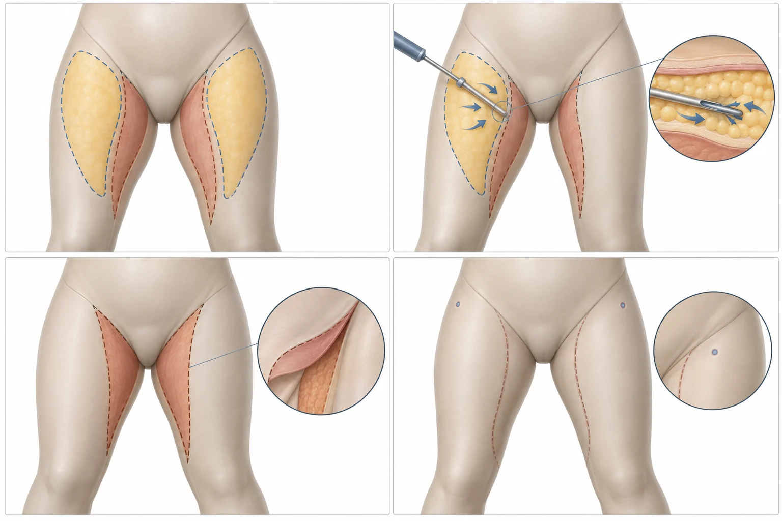 Esquema didático em modelo sintético comparando a avaliação de pele e gordura quando se considera associação com lipoaspiração.