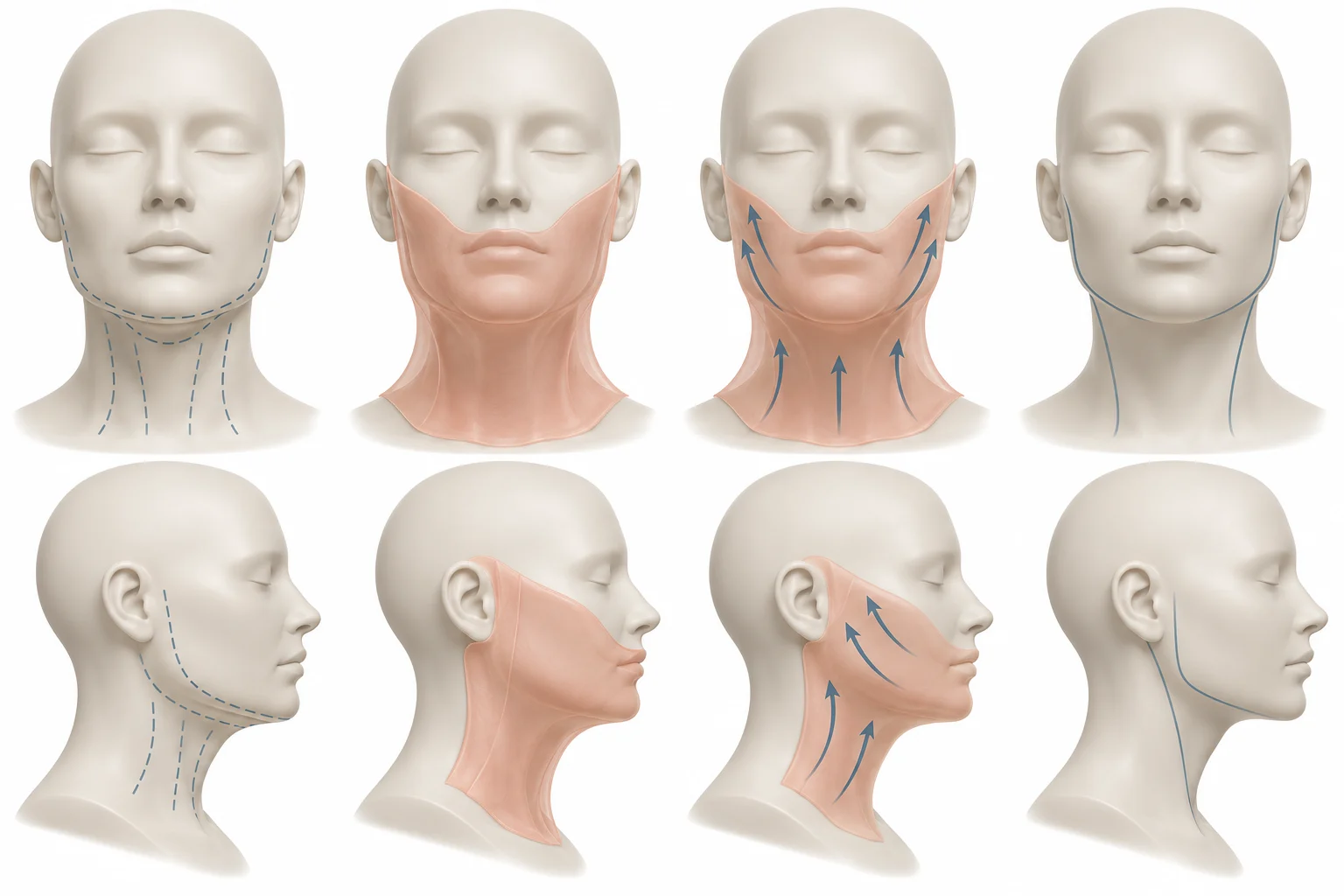 Conceito didático em modelo facial e cervical sintético sobre planejamento e etapas gerais de um lifting cervicofacial.