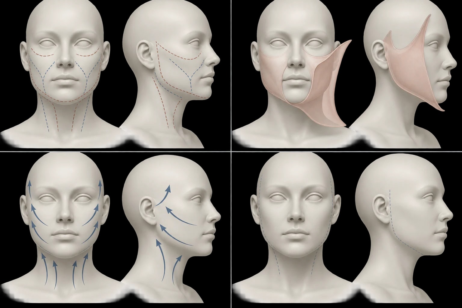 Conceito didático em modelo facial sintético sobre planejamento e etapas gerais de um lifting facial.