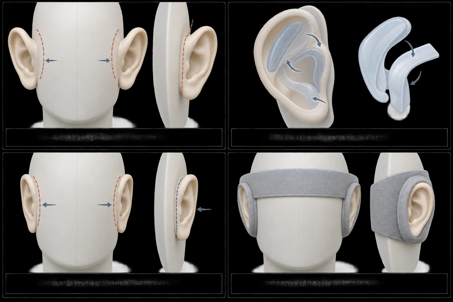 Prancha didática em modelo sintético mostrando planejamento, correção esquemática e fechamento da otoplastia.