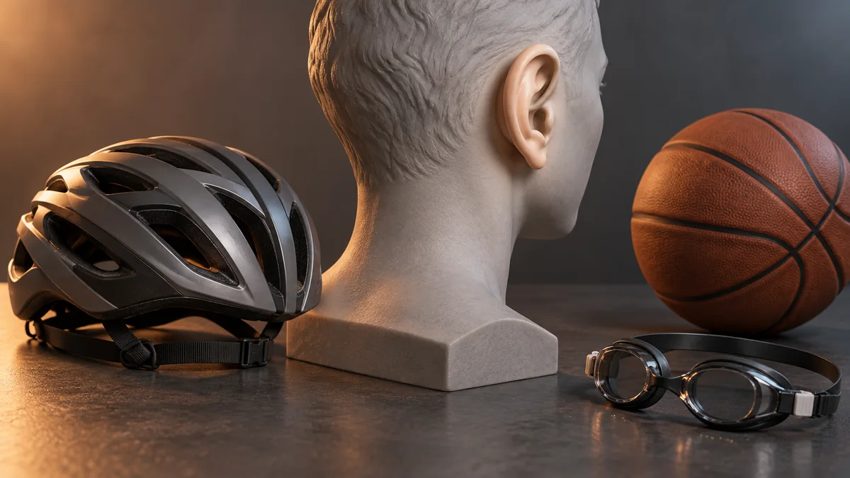 Modelo de cabeça visto de trás com uma orelha visível, ao lado de capacete separado, bola de basquete e óculos de natação.