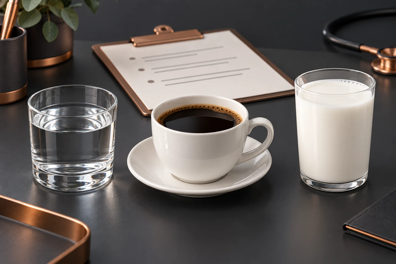 Três recipientes com água transparente, café preto e leite branco, diante de uma instrução escrita abstrata.