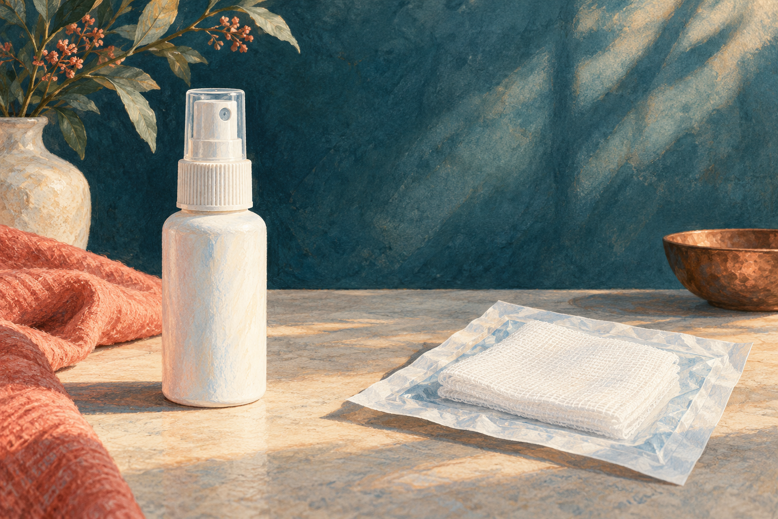 Frasco fechado de spray separado de gazes embaladas, sem demonstração de aplicação.