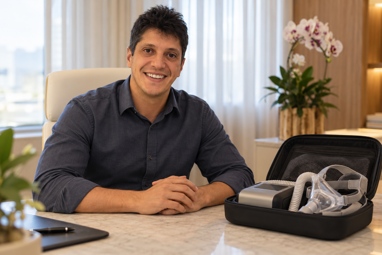 Imagem em estilo fotográfico do Dr. Cadu em mesa de planejamento, com um CPAP desligado e organizado em estojo.